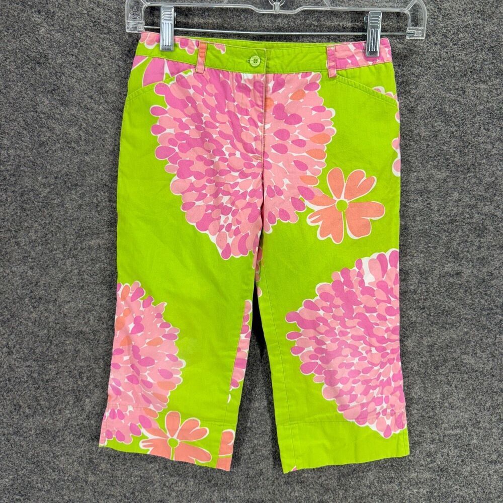 Lilly Pulitzer Pants Girls 7 Green Floral Flat Front Chino Lined Pockets Cotton